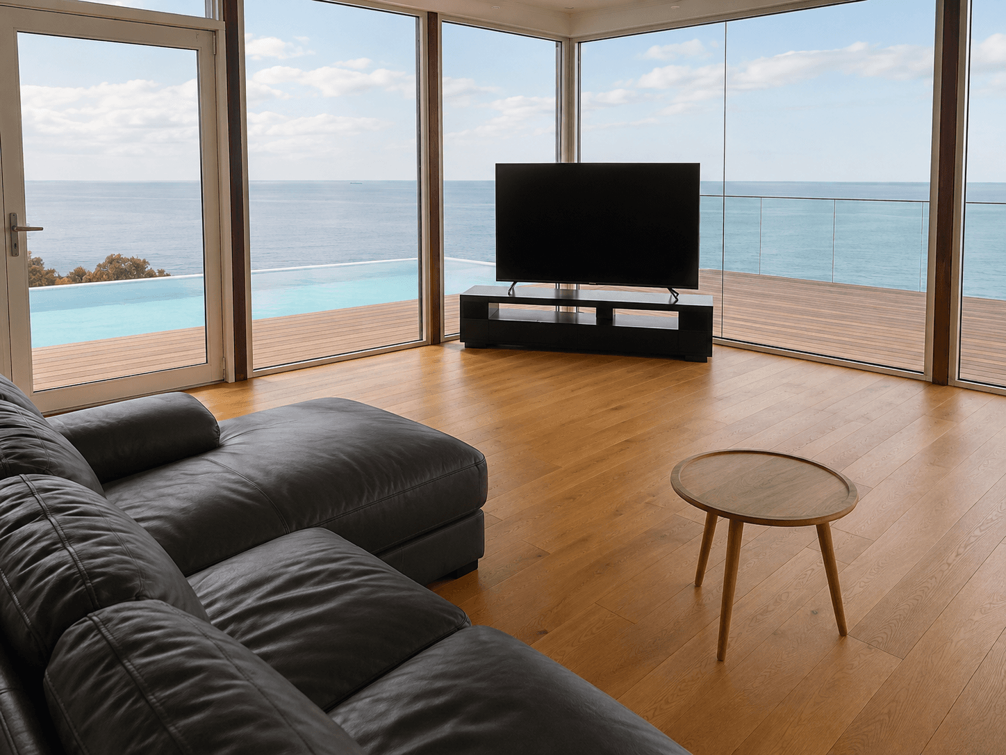 Modern coastal living room with ocean view